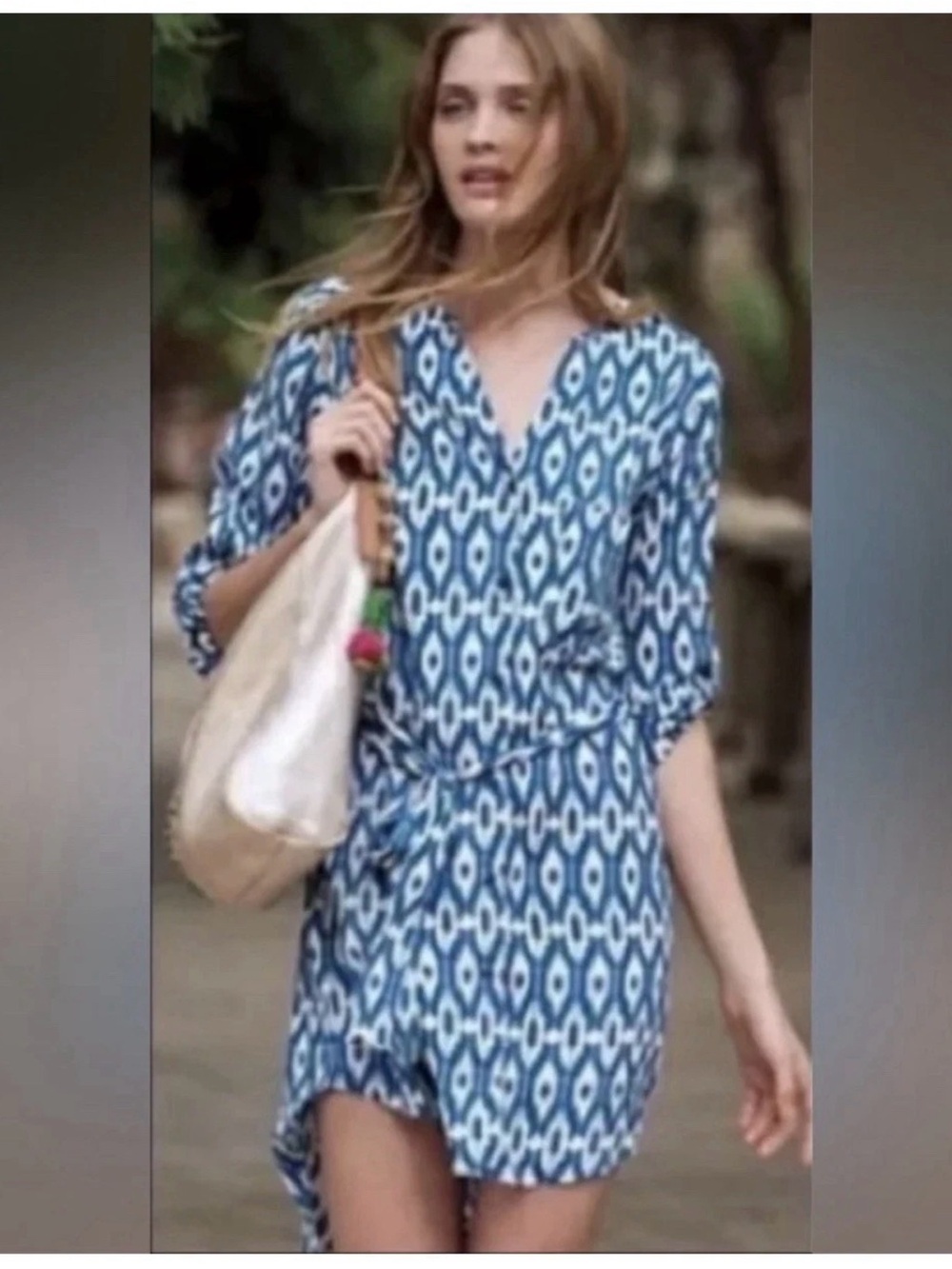 Anthropologie Blue Ikat Wrap Mini Dress